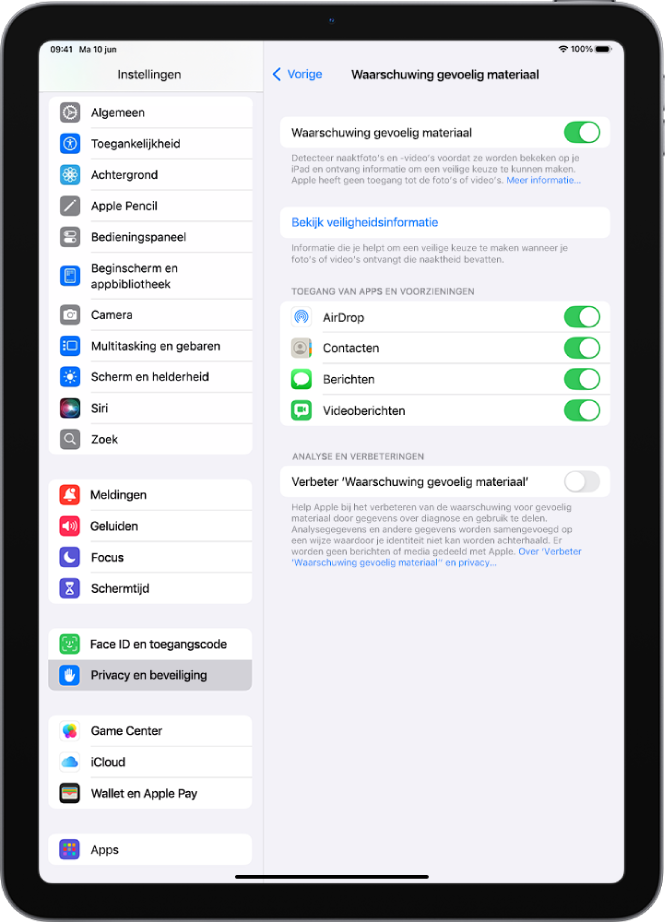 De instellingen voor 'Waarschuwing gevoelig materiaal', met een knop getiteld 'Bekijk veiligheidsinformatie' en een knop 'Verbeter 'Waarschuwing gevoelig materiaal'' om analytische en gebruiksgegevens te delen met Apple.