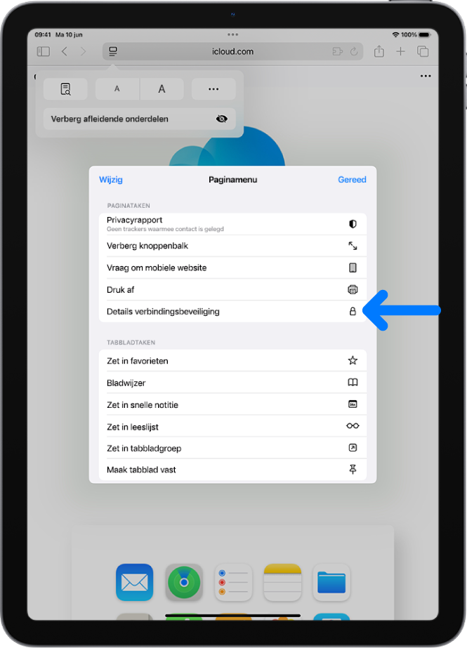 Het menu 'Pagina-instellingen' is geopend in Safari en halverwege de pagina staat de regelaar 'Details verbindingsbeveiliging'.