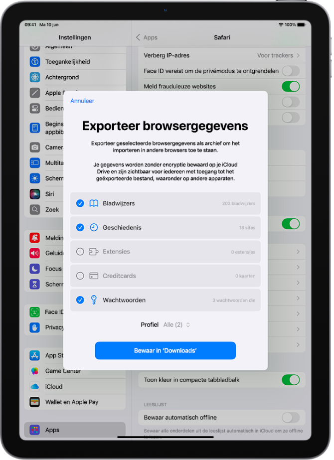 Het scherm voor het exporteren van browsergegevens, met de gegevens die je vanuit Safari kunt exporteren naar een andere browser.