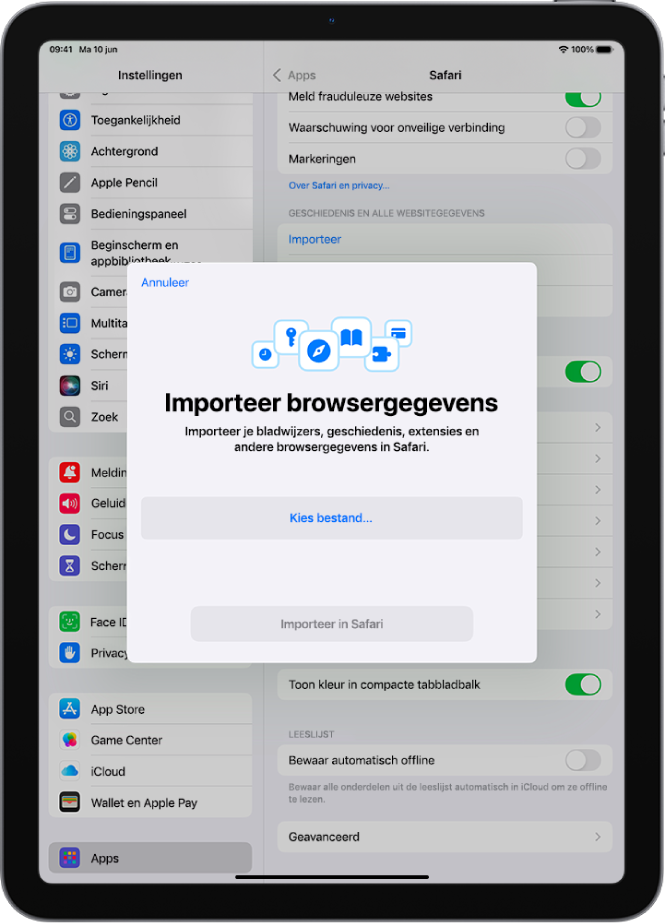 Het scherm voor het importeren van browsergegevens, met gegevens die vanuit een andere browser in Safari worden geïmporteerd.