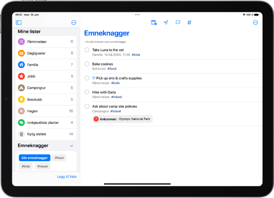 Påminnelser-appen viser flere lister og Emneknaggviseren til venstre. På høyre side er det en liste med artikler objekter med emneknagger.