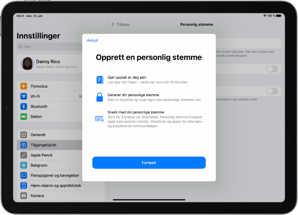 En iPad med informasjon om hvordan du genererer en personlig stemme.