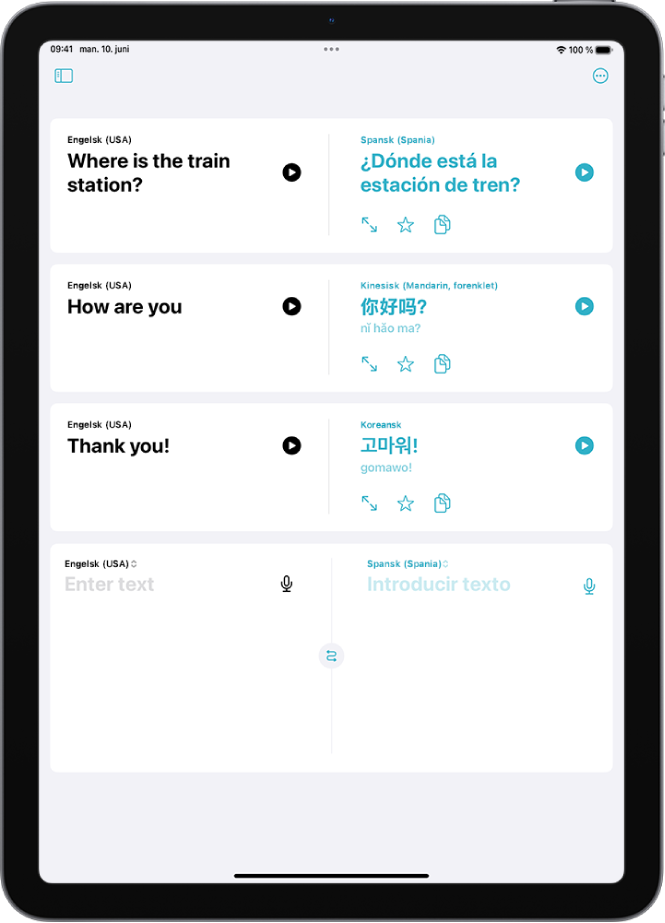 Oversett-fanen som viser oversatte uttrykk fra engelsk til spansk, engelsk til mandarin og engelsk til koreansk.