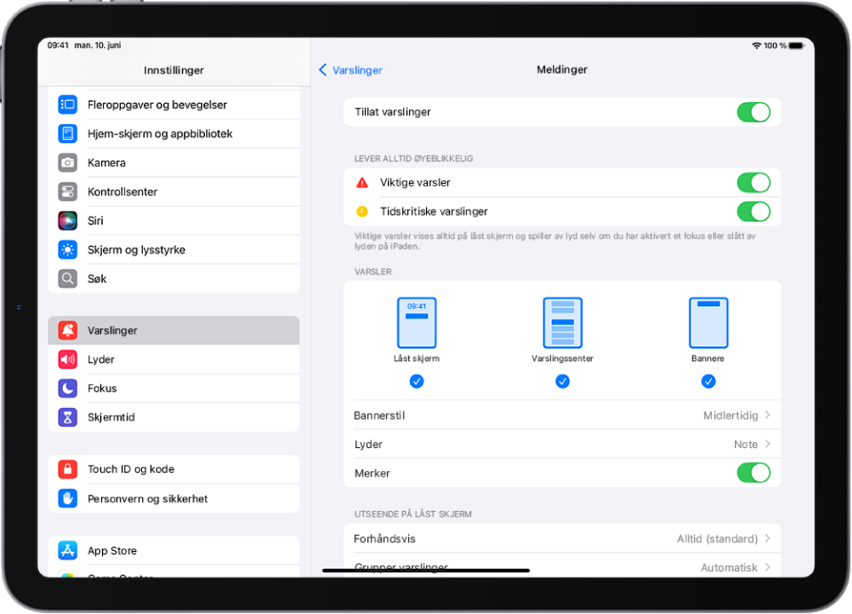 iPad som viser Meldinger-innstillingene for varslinger og varsler.