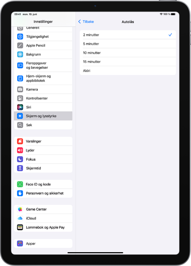 Autolås-skjermen med innstillinger for hvor lang tid det tar før iPad låses automatisk.