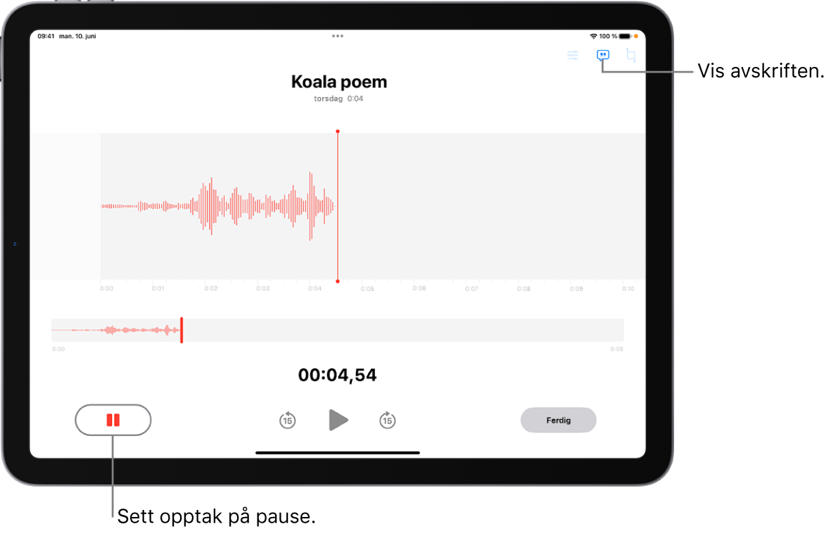 Et Taleopptak er i gang, og det vises en bølgeform av opptaket samt en tidsindikator, en knapp for å pause opptaket og en knapp for å vise avskriften.