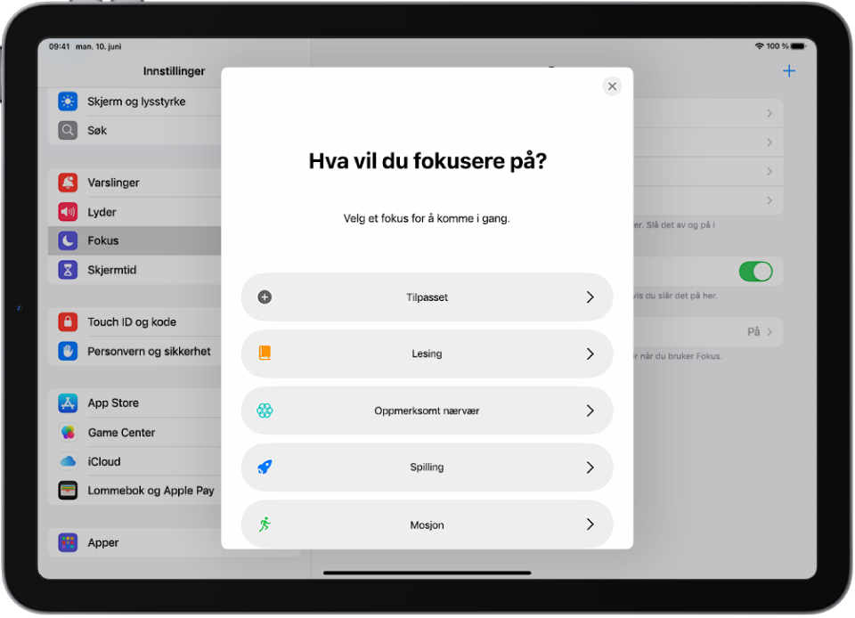 En konfigureringsskjerm for Fokus for ytterligere Fokus-valg, inkludert Tilpasset, Trening, Spilling, Oppmerksomt nærvær og Lesing.