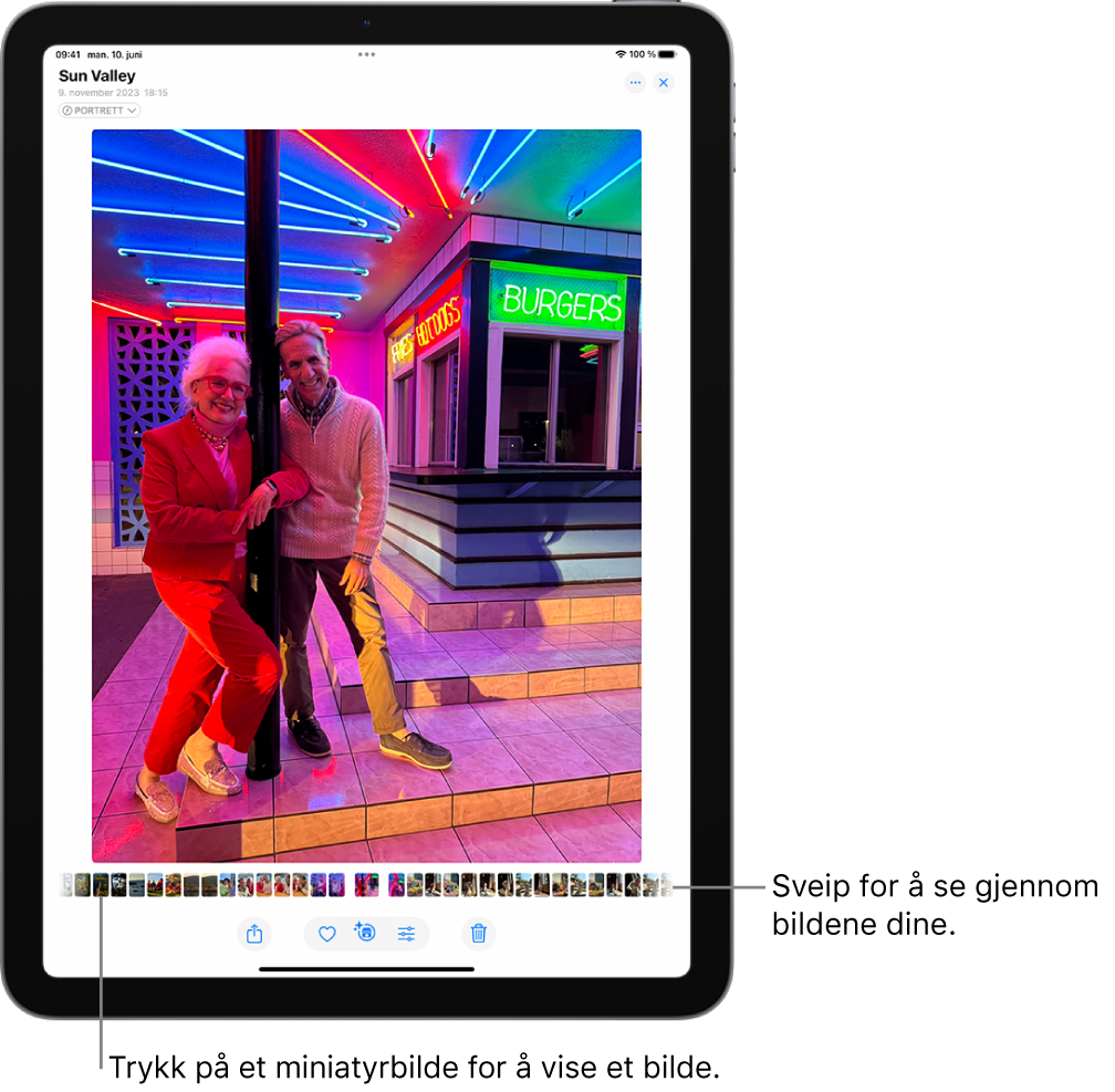Bilder-appen som viser et bilde i fullskjerm. Nederst på skjermen er det miniatyrbilder av andre bilder fra biblioteket.
