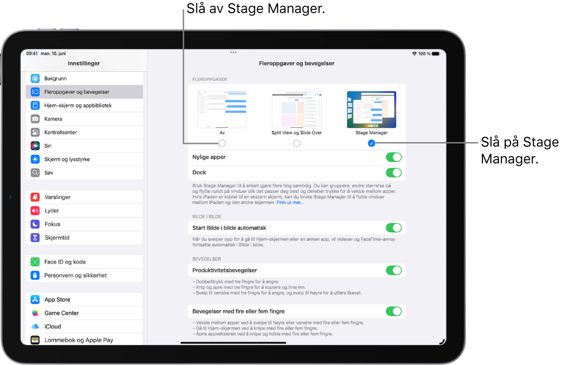 Innstillinger-skjermen der du slår Stage Manager av eller på.