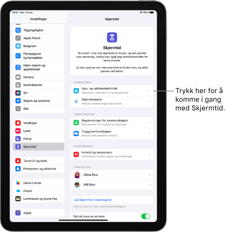 Konfigureringsskjermen for Skjermtid viser at man må trykke på knappen App- og nettstedsaktivitet for å komme i gang.