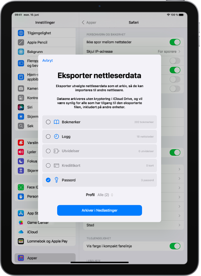 Eksporter nettleserdata-skjermen med Passord-valget markert for eksport til en annen passordhåndterer.