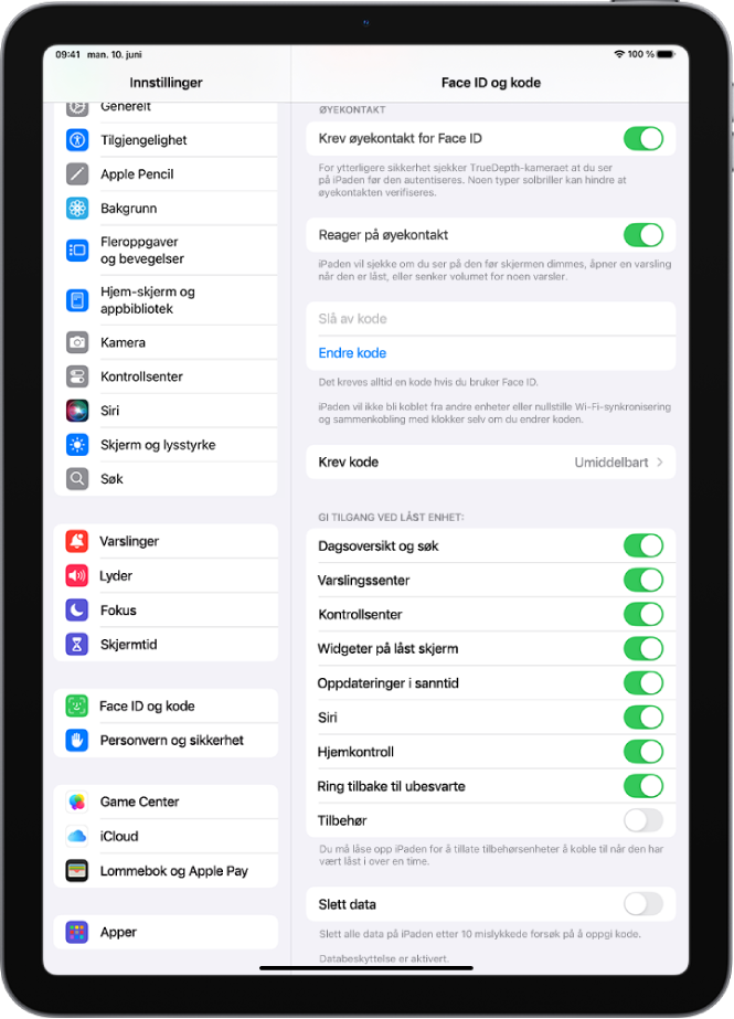 Face ID og kode-innstillingene vises med valg for å gi tilgang til bestemte funksjoner når iPad er låst.