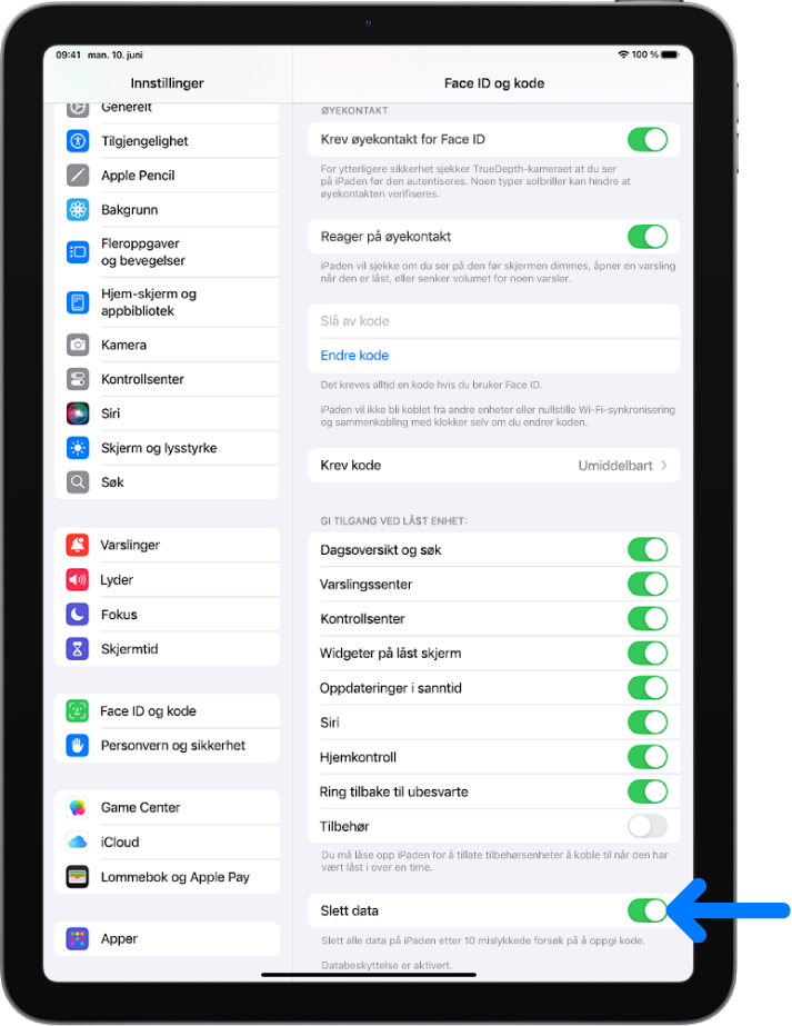 Slett data-kontrollen vises nederst på Face ID og kode-skjermen i Innstillinger.