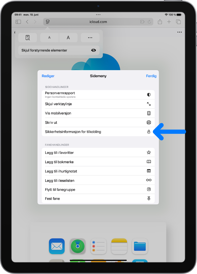 Sideinnstillinger-menyen er åpen i Safari, og kontrollen Sikkerhetsinformasjon for tilkobling er litt nedover på siden.