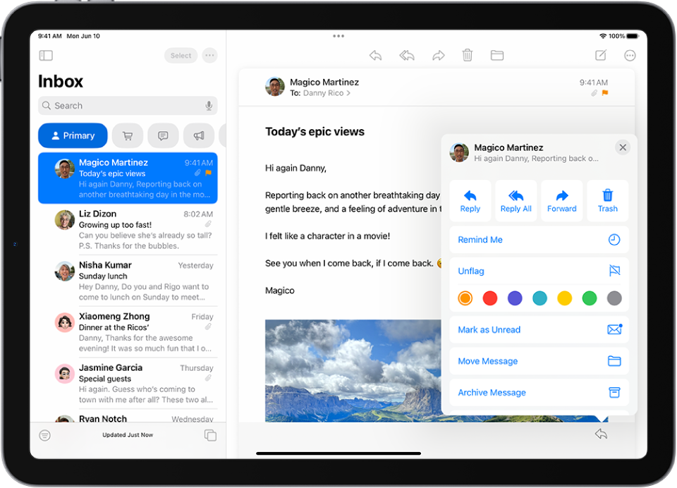 ଗୋଟିଏ ଖୋଲା ଇମେଲ୍। ପତାକା ଯୋଡ଼ିବାକୁ କିମ୍ବା କାଢ଼ିବାକୁ ବିକଳ୍ପ ସହିତ ମେନ୍ଯୁ, ଡାହାଣ ପଟେ ଦେଖାଯାଉଛି।