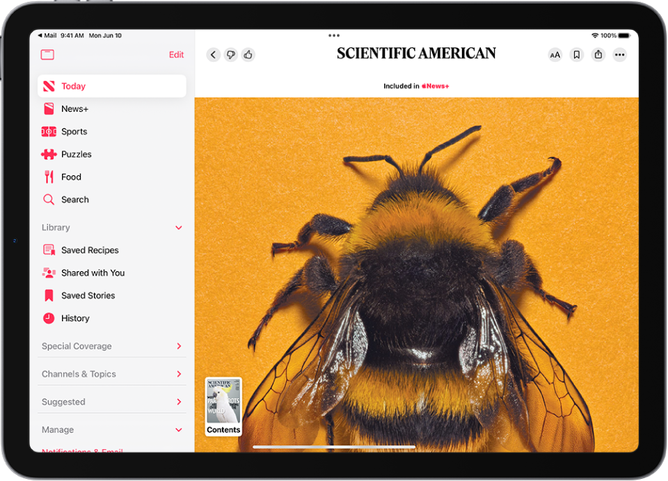 Apple News+ ਤੋਂ ਮੈਗਜ਼ੀਨ ਸਟੋਰੀ, ਜਿਸ ਦੇ ਹੇਠਲੇ ਖੱਬੇ ਕੋਨੇ ਵਿੱਚ ਮੈਗਜ਼ੀਨ ਦਾ ਥੰਬਨੇਲ ਚਿੱਤਰ ਹੈ। ਸਾਈਡਬਾਰ ਖੱਬੇ ਪਾਸੇ ਹੈ ਜਿਸ ’ਤੇ “ਅੱਜ” ਹਾਈਲਾਈਟ ਕੀਤਾ ਗਿਆ ਹੈ।