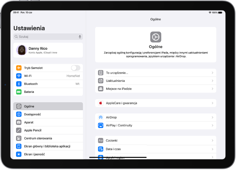 Ekran główny z różnymi ikonami, w tym ikoną aplikacji Ustawienia, która pozwala zmieniać ustawienia głośności iPada, jasności jego ekranu i inne.