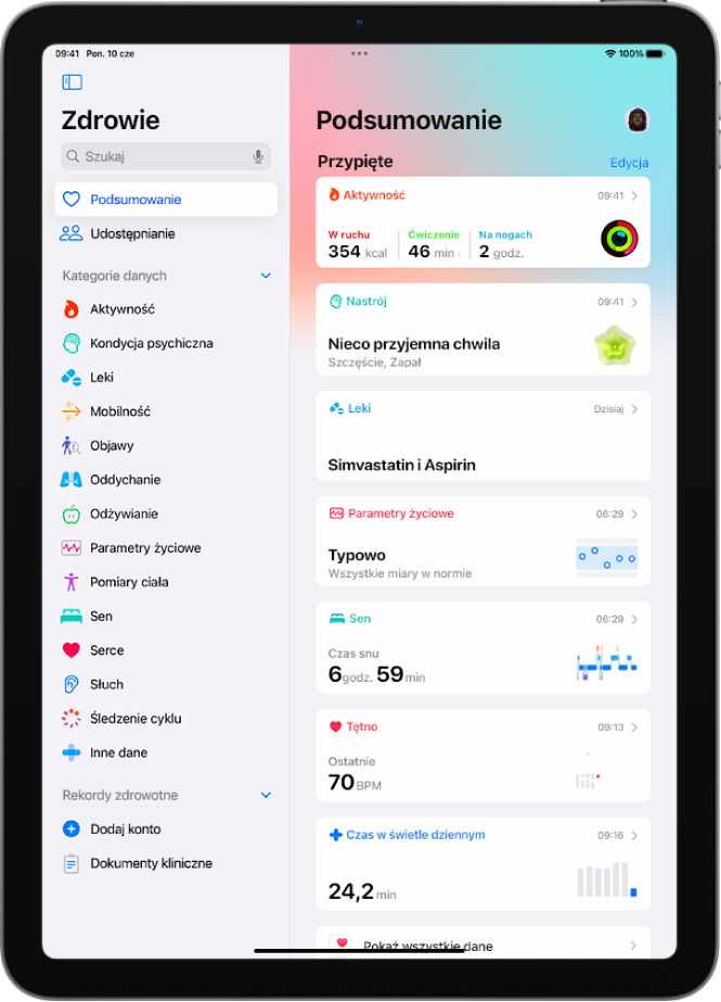 Ekran Podsumowanie w aplikacji Zdrowie. Poniżej etykiety Przypięte widoczne są informacje dotyczące aktywności, nastroju, parametrów życiowych, snu, tętna oraz czasu spędzanego w świetle dziennym.