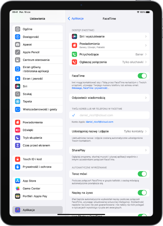 Ekran ustawień FaceTime, zawierający przełącznik umożliwiający włączenie lub wyłączenie FaceTime oraz informacje o koncie Apple używanym w FaceTime.