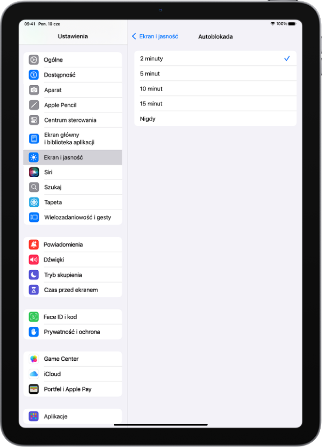 Ekran autoblokady z ustawieniami czasu, po którym iPad ma się automatycznie zablokować.
