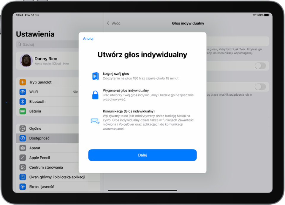 iPad wyświetlający informację, jak utworzyć głos indywidualny.