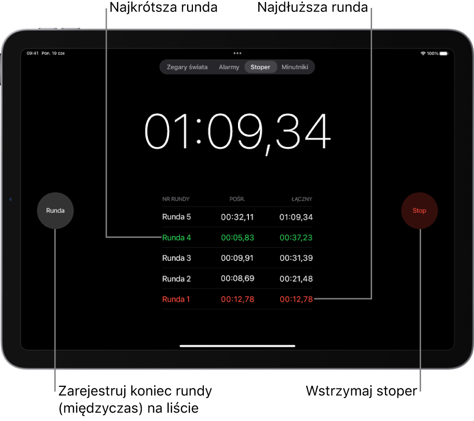 Stoper w aplikacji Zegar pokazuje łączny czas wydarzenia. Poniżej widoczne są kolejne rundy w tym wydarzeniu.