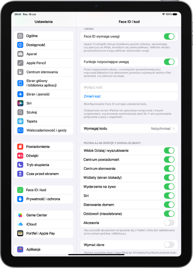 Ekran ustawień Face ID i kodu, zawierający opcje pozwalania na dostęp do określonych funkcji, gdy iPad jest zablokowany.
