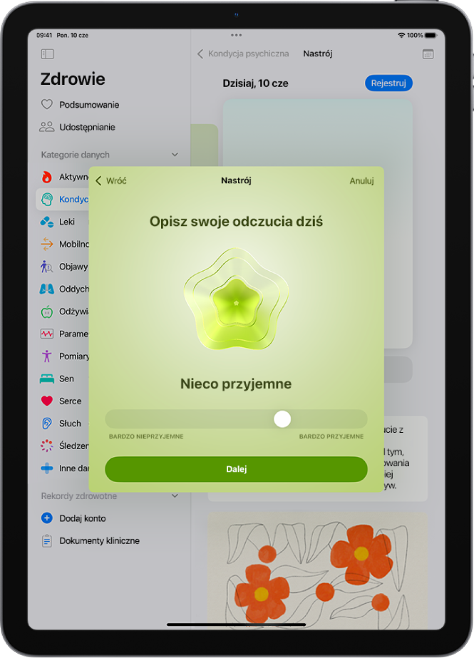 Ekran aplikacji Zdrowie z aktualnymi odczuciami ustawionymi jako nieco przyjemne. Na dole ekranu widoczny jest suwak do określania siły emocji.