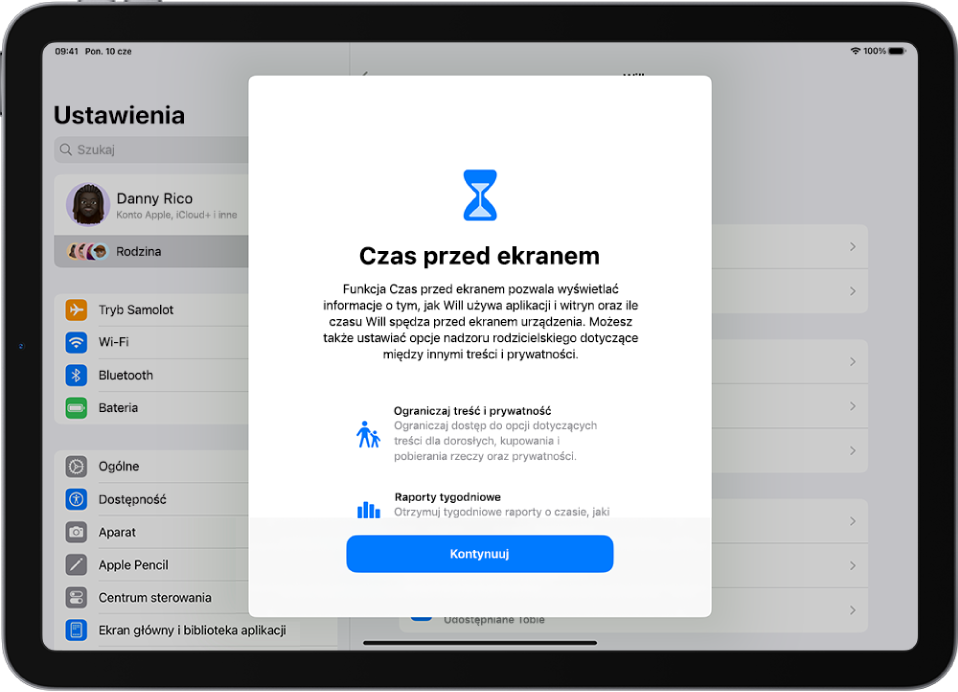 Ekran z opisem funkcji umożliwiających śledzenie czasu spędzanego przez dziecko przed ekranem, zawierający między innymi informacje o opcjach dotyczących planowania czasu bez urządzenia.