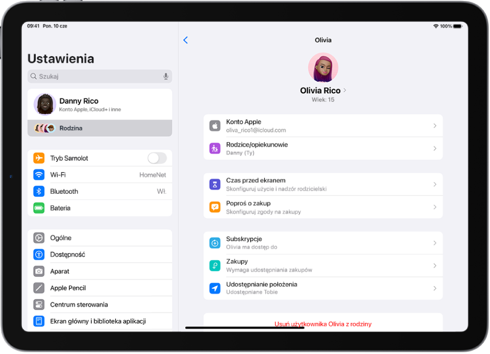 Ekran ustawień z opisem funkcji dostępnych dla nastoletnich członków rodziny, między innymi Poproś o zakup oraz Apple Cash.
