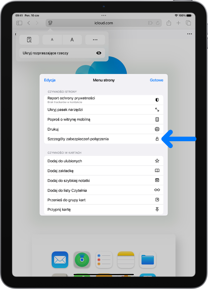 Otwarte menu Ustawienia strony w Safari. W połowie strony widoczne jest narzędzie Szczegóły zabezpieczeń połączenia.