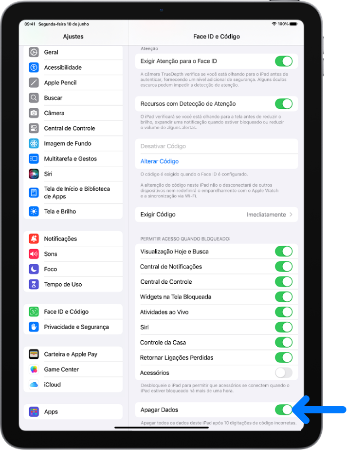 O controle Apagar Dados, localizado na parte inferior da tela “Face ID e Código” nos Ajustes.
