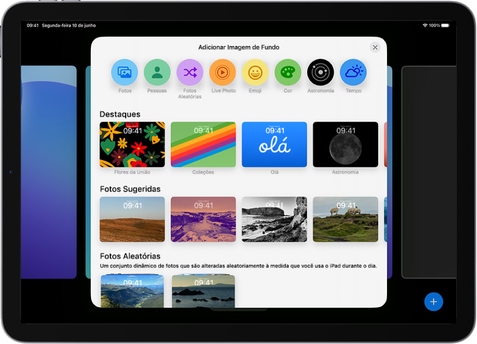 A tela Adicionar Nova Imagem de Fundo mostrando uma galeria de opções de imagens de fundo para personalizar a Tela Bloqueada do iPad, em categorias como Destaques e Fotos Sugeridas. Na parte superior estão os botões para adicionar fotos, pessoas, fotos aleatórias, emoji e uma tela do tempo ao fundo da Tela Bloqueada.