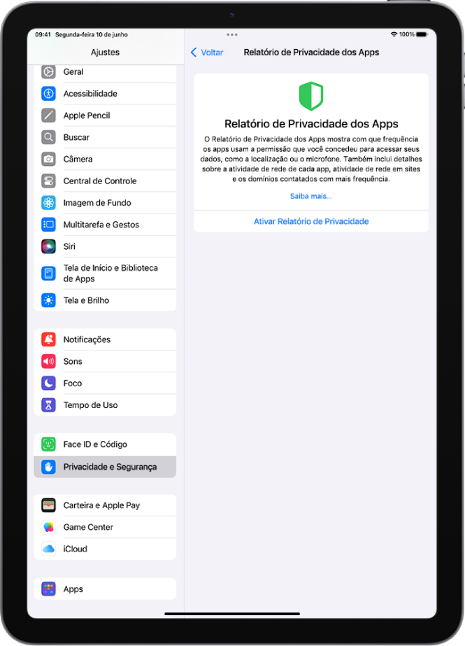 A tela Relatório de Privacidade dos Apps, onde você pode ativar um relatório para que mostre com qual frequência os apps usam as permissões que você concedeu, junto com a respectiva atividade de rede.
