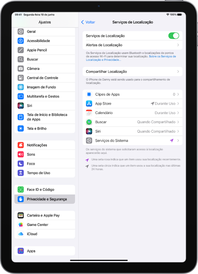 Tela dos Serviços de Localização com ajustes para compartilhar a localização do iPad com apps.