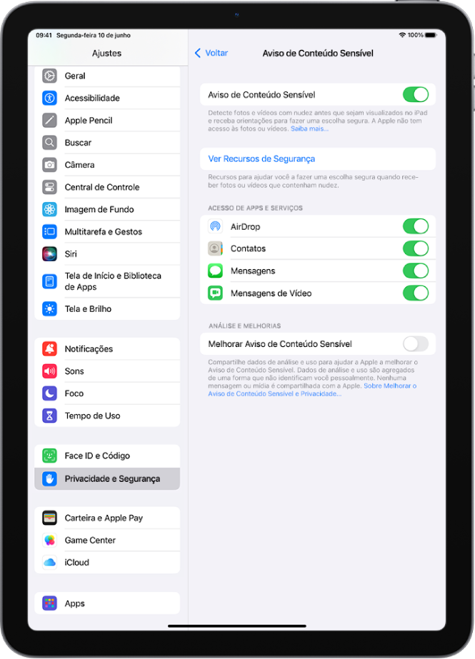 Os ajustes de Aviso de Conteúdo Sensível, com o botão Ver Recursos de Segurança e o botão Melhorar Aviso de Conteúdo Sensível para compartilhar dados de análise e uso com a Apple.