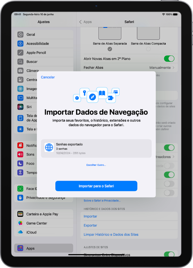 Tela Importar Dados de Navegação, mostrando o arquivo CSV com as senhas de outro gerenciador de senhas para importação.