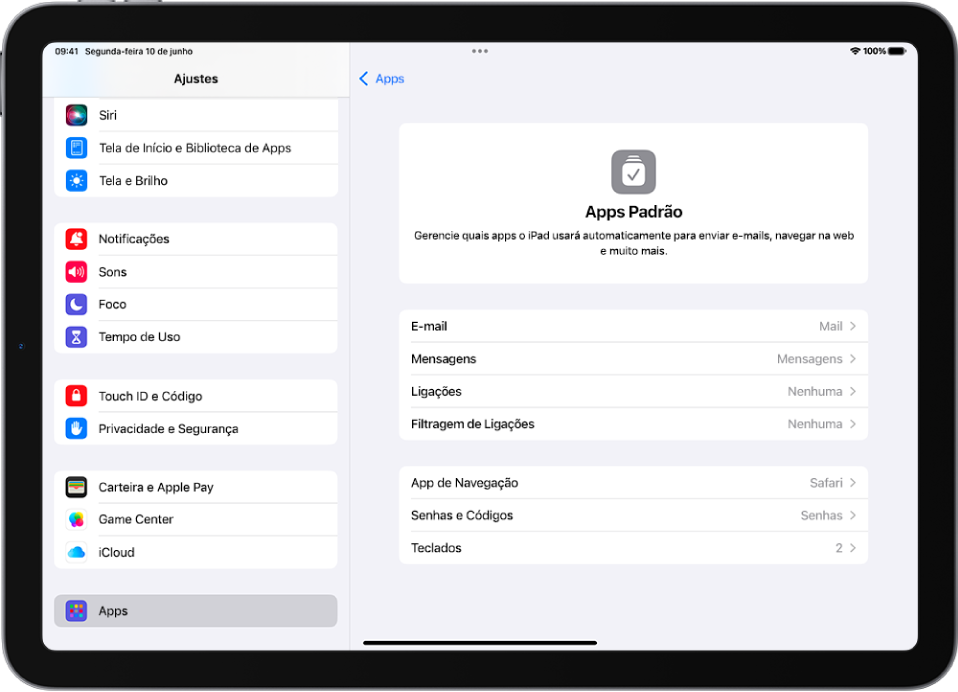 Tela para alterar os apps padrão de envio de e‑mail, navegação na internet e outros.