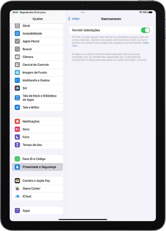 Tela Rastreamento, com ajuste para controlar se os apps podem pedir para rastrear você em sites ou apps de outras empresas.