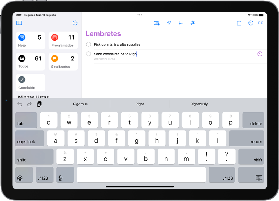 App Lembretes, mostrando uma nova tarefa sendo adicionada à lista Lembretes.