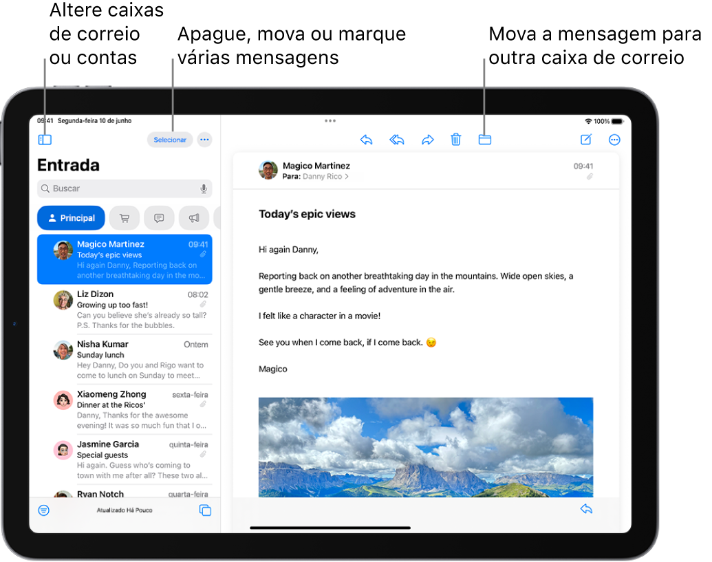 Caixa de Entrada do Mail, com a lista de e‑mails à esquerda e um e‑mail aberto à direita.