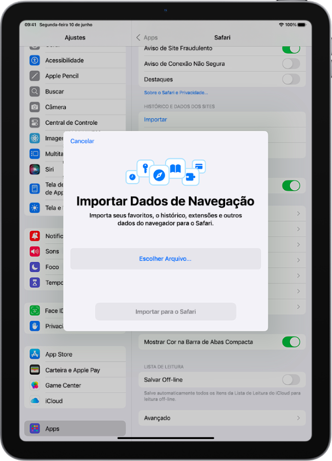 Tela Importar Dados de Navegação, mostrando os dados de um outro navegador que serão importados para o Safari.