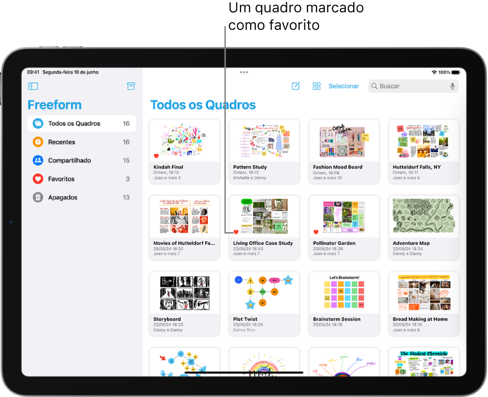 O Freeform está aberto no iPad. A opção Todos os Quadros está selecionada na barra lateral e miniaturas de quadros aparecem à direita.