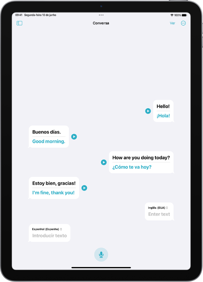 Aba Conversa, mostrando balões de fala e suas traduções.