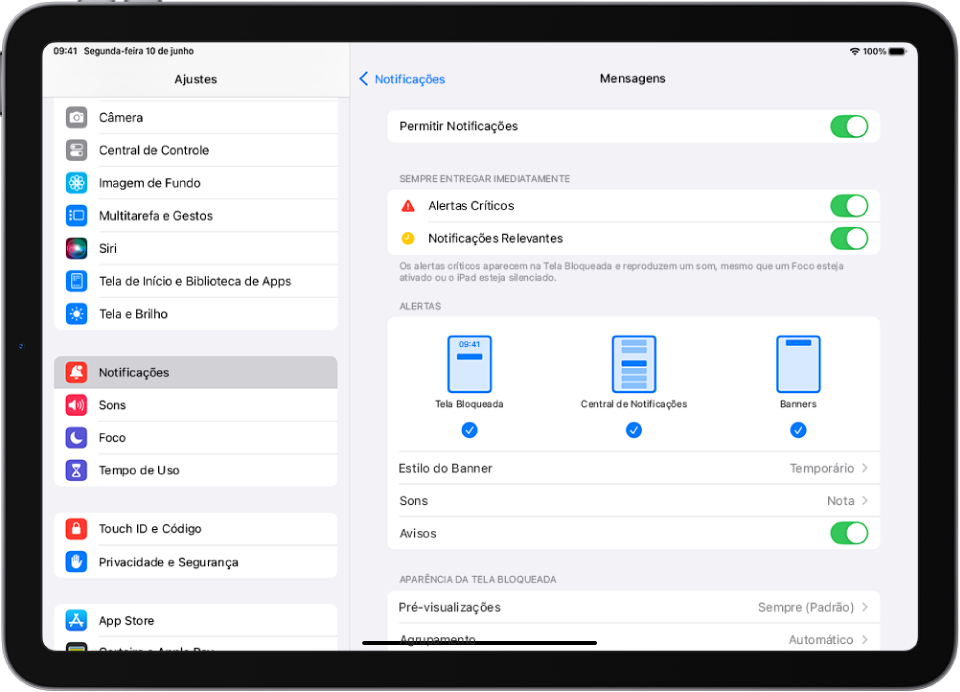 iPad com os ajustes de notificações e alertas do app Mensagens.
