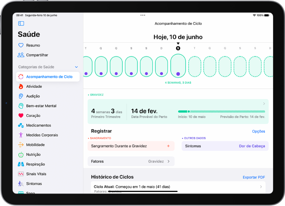 Tela do Acompanhamento de Ciclo, com uma linha do tempo de gravidez de uma semana na parte superior da tela. Formas ovais verde‑claras e pontos roxos marcam os 7 primeiros dias na linha do tempo. Formas ovais pontilhadas em verde‑claro marcam os outros dias na linha do tempo. Abaixo da linha do tempo, o resumo da gravidez, mostrando a idade Gestacional, a data de início e a provável data do parto. Abaixo do resumo da gravidez, opções para adicionar informações de sangramento durante a gravidez, sintomas e mais.