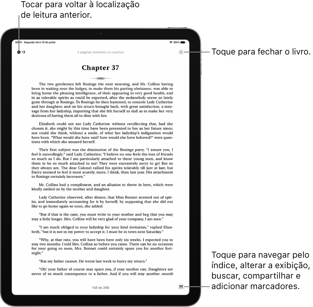 Página de um livro no app Livros. Na parte superior da tela há botões para voltar para a página onde você começou a ler e para fechar o livro. Na parte inferior direita da tela está o botão Menu.