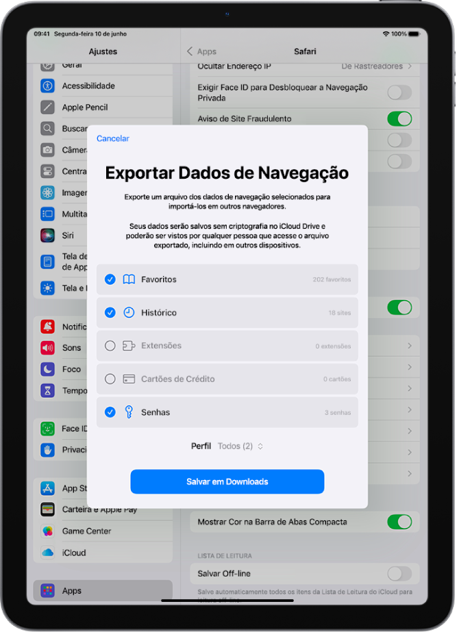 Tela Exportar Dados de Navegação, mostrando os dados que você pode exportar do Safari para outro navegador.