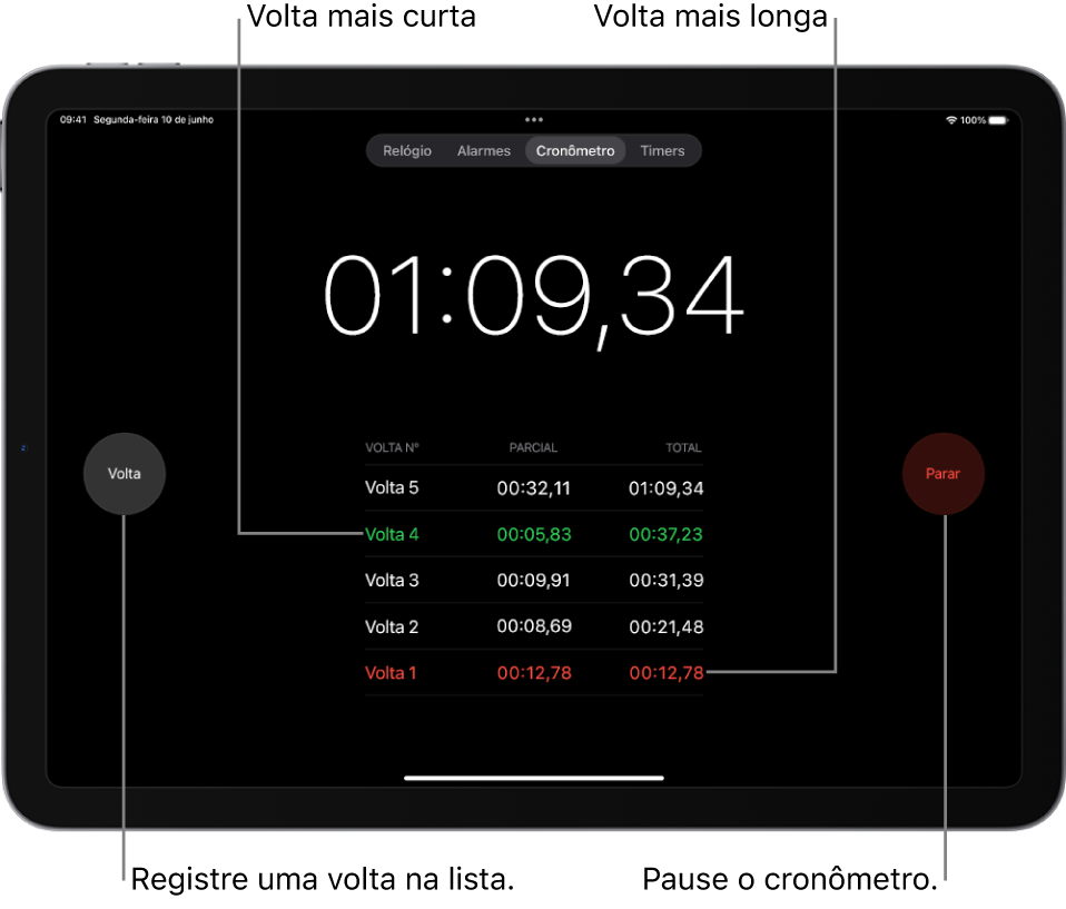 No app Relógio, um cronômetro mostra o tempo total decorrido em um evento, com diversas voltas aparecendo abaixo numa lista desse evento.