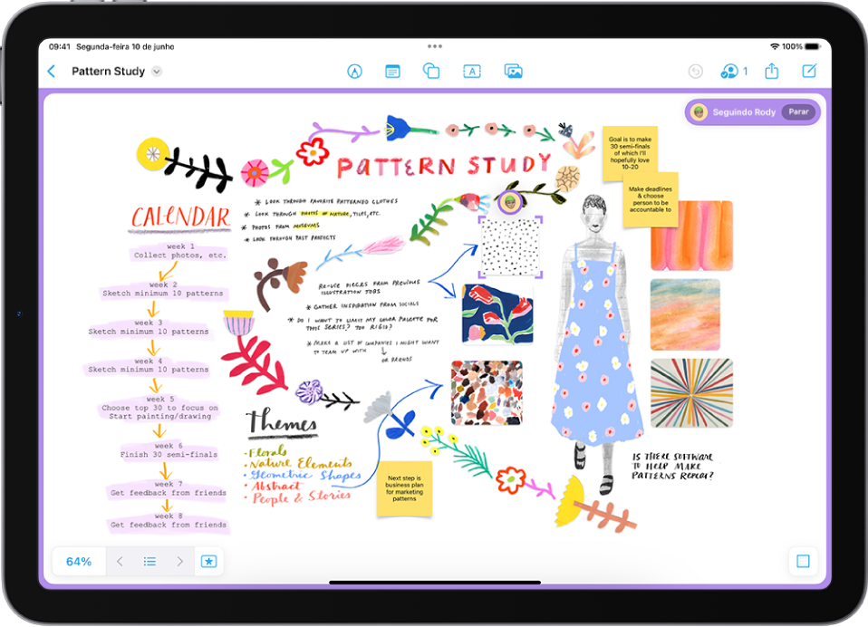 O app Freeform mostrando uma pessoa que está sendo seguida, a respectiva visualização, avatar e item selecionado marcados em roxo.